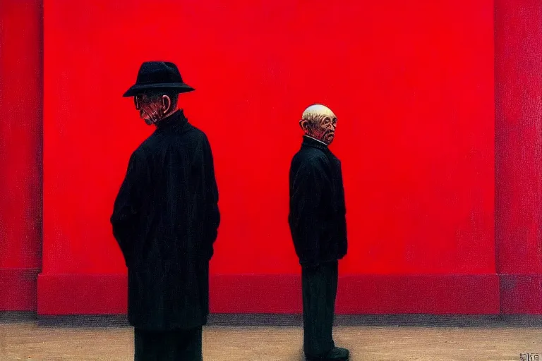 Image similar to only with red, a red old stylish man try to sell a portrait, crowd cheering, in a city square, in the style of beksinski, parts by edward hopper, parts by rodcenko, parts by yue minjun, intricate and epic composition, red by caravaggio, insanely quality, highly detailed, masterpiece, red light, artstation, 4 k