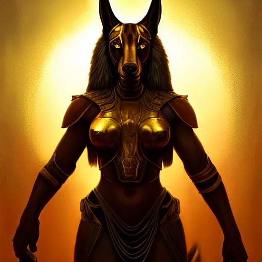 Image similar to Anubis female warrior portrait, atmospheric lighting, painted, intricate, volumetric lighting, beautiful, rich deep colors masterpiece, golden hour, sharp focus, ultra detailed, by Leesha Hannigan, Ross Tran, Thierry Doizon, Kai Carpenter,Ignacio Fernández Ríos