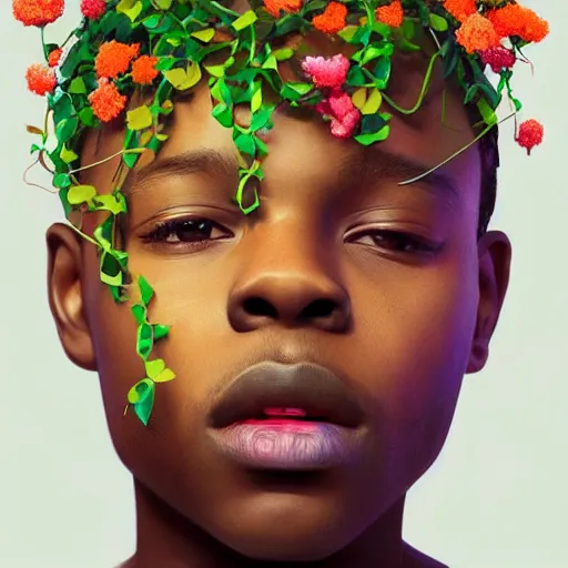 Prompt: colourful vfx art - portrait of nigerian boy wrapped in flowers & vines, art by hsiao - ron cheng & james jean, volumetric light, colourful, sharp, detailed, digital painting, illustration, illustration, highly detailed, intricate detail, unreal engine, octae render, pinterest, behance, art station,