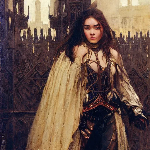 Image similar to florence pugh, wearing dark black ornamented medieval armour, detailed, by gaston bussiere, bayard wu, greg rutkowski, giger, maxim verehin, greg rutkowski, masterpiece, sharp focus,