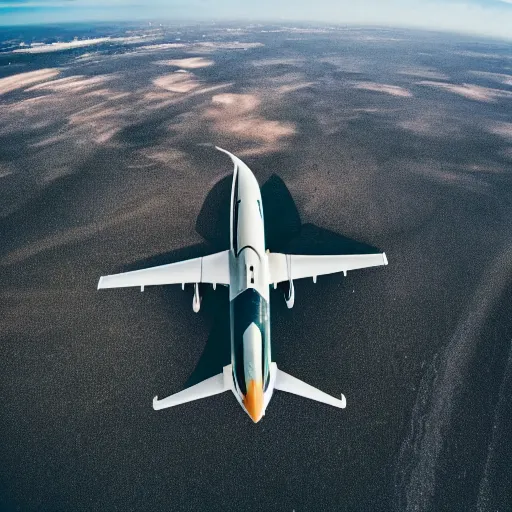 Prompt: pov on the back of a flying bird, a plane arriving in front