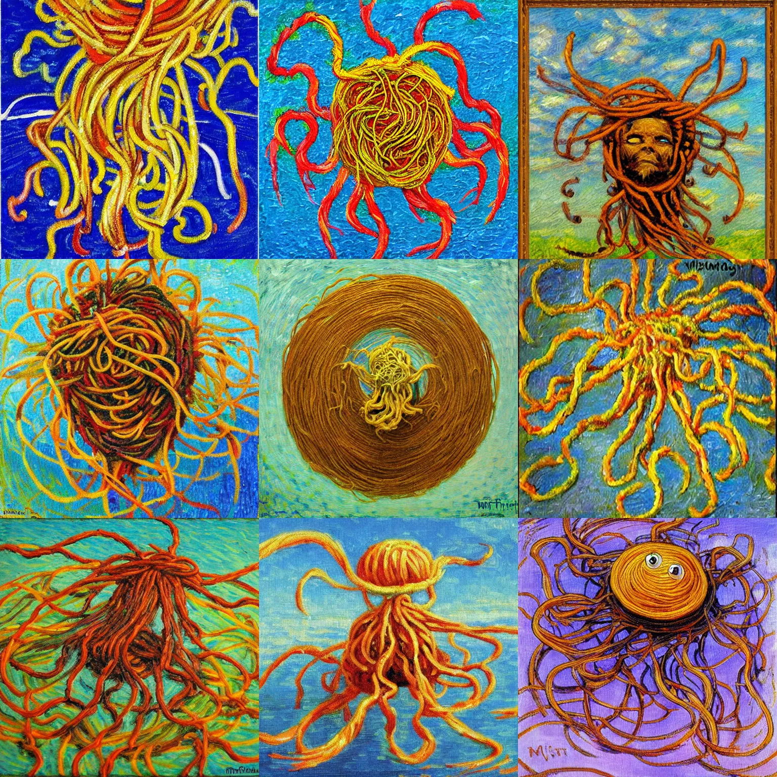 Prompt: flying spaghetti monster, impressionism