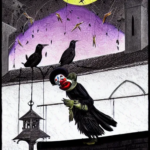 Image similar to A clown on the roof of the church playing with crows, by Android Jones and M. C. Escher collaboration, futurist, digital art, dramatic lighting, symbolic