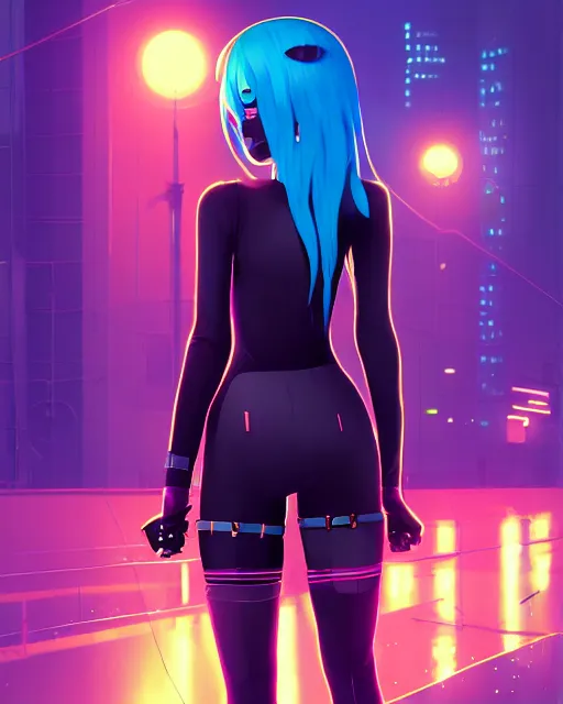 Image similar to digital illustration of cyberpunk pretty girl with blue hair, wearing a black dominatrix outfit, in city street at night, by makoto shinkai, ilya kuvshinov, lois van baarle, rossdraws, basquiat