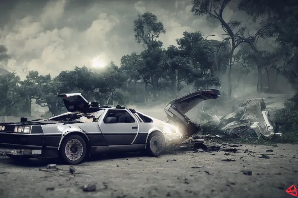 Image similar to ultra realistic delorean dmc 5 and trueno ae 8 6 drift on road wreckage orbiting earth in space, dark cinematic, volumetric, realistic, 3 d render, realistic render, cinematic lighting, volumetric lighting, atmospheric, cinematic, unreal engine 5, unreal engine render, octane render, hd, photorealism, hyper realistic, 8 k