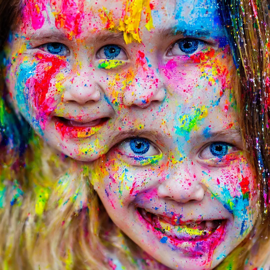 Image similar to Close up of a happy young girls face splattered with paint, painted in the style of the old masters, painterly, thick heavy impasto, expressive impressionist style, painted with a palette knife