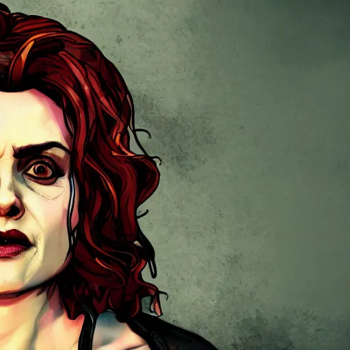 Image similar to helena bonham carter portrait, borderlands, tales from the borderlands, the wolf among us, comic, cinematic lighting, studio quality, 8 k