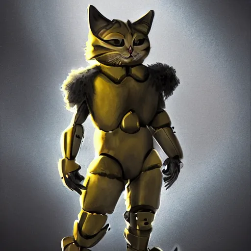 Image similar to a humanoid cat like creature in full body armor, force fields on the armor, yellow eyes, and grey fur with teeth that protrude past their lower jaw holding rifles