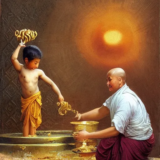 Prompt: old srilankan buddhist monk pouring liquid gold like water into buddhist monk kid head in baroque style, painting by gaston bussiere, craig mullins, j. c. leyendecker, lights, art by ernst haeckel, john william godward, hammershøi,