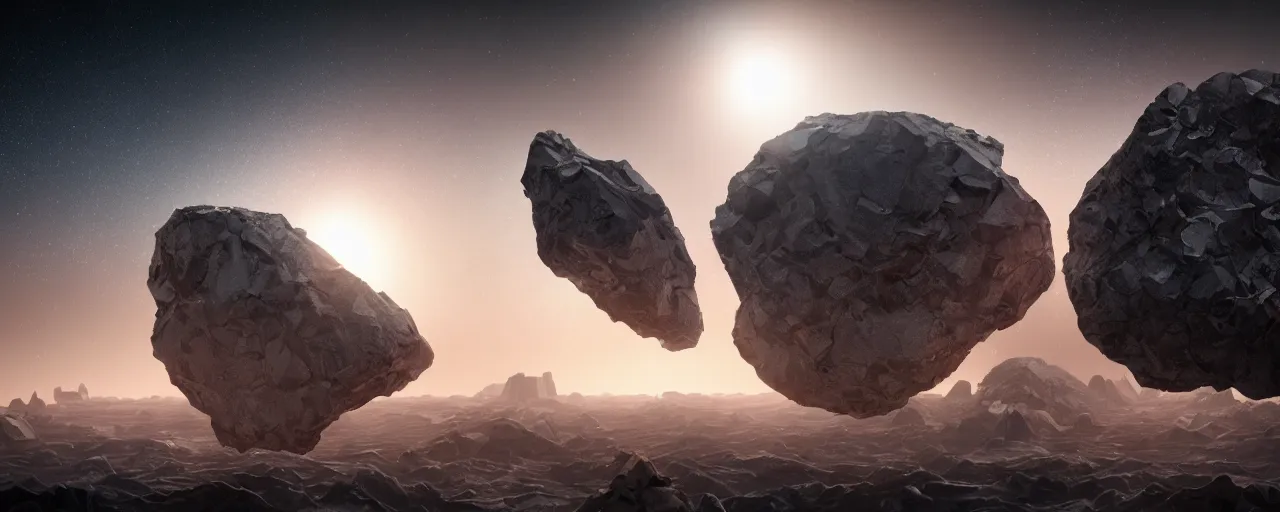 Image similar to movie still, angular minimalist obsidian asteroids, cell automata, unreal engine, octane render, detailed and intricate, cloudy, global illumination, volumetric lighting, hubble telescope images, james webb telescope images, detailed and intricate environment, color graded