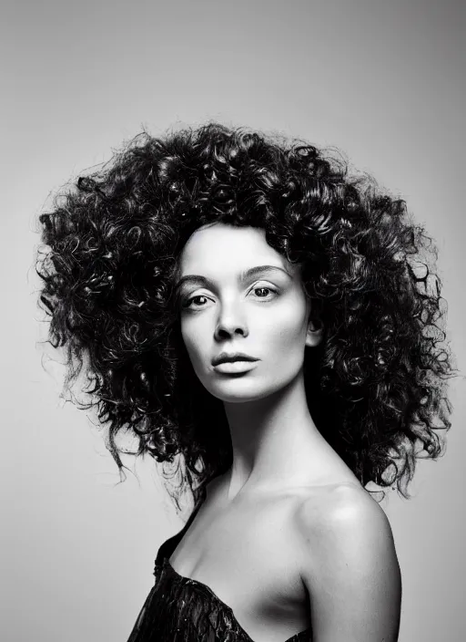 Prompt: a portrait of a beautiful woman by justin ridler, beautiful, elegant, big curly hair, skin