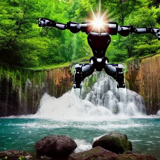 Prompt: [Robot(ian) { eyes(cute huge + luminous + glowing), view(full body + zoomed out), background(solid), pose(arms up + enjoyment + dancing), waterfall(beautiful, lushious, large)}]