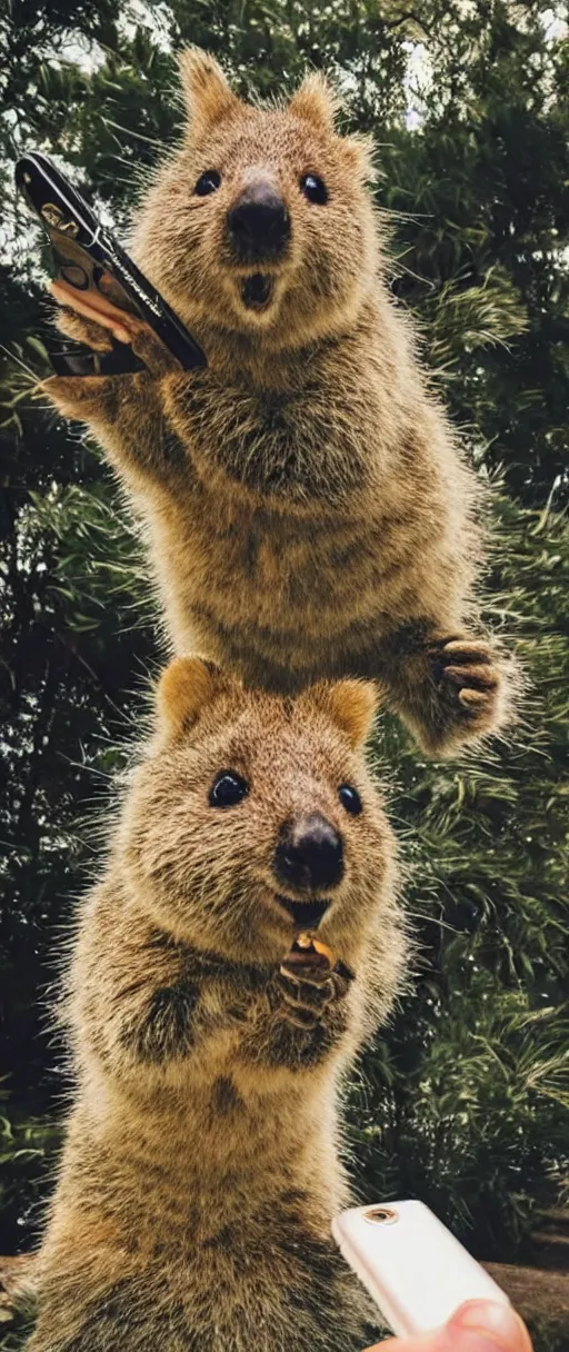 Image similar to happy quokka taking a selfie and smoking a joint, golden hour, ultra realistic