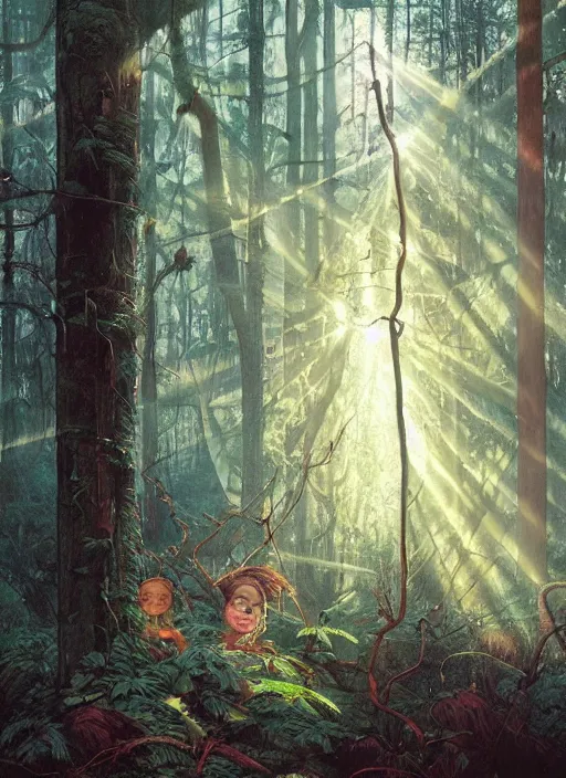 Image similar to technology in the woods gorgeous lighting, sunbeams blue sky, lush forest foliage painting by chiara bautista and beksinski and norman rockwell and greg rutkowski weta studio, and lucasfilm