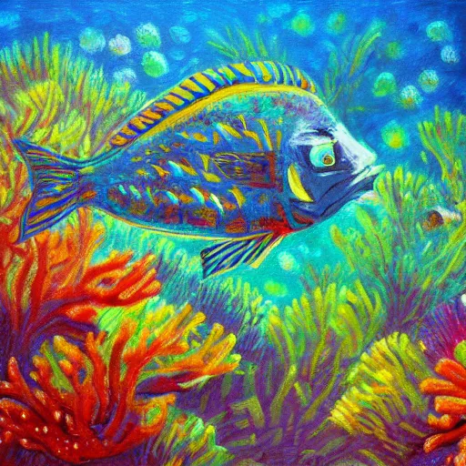 Prompt: fish, coral, impressionism painting