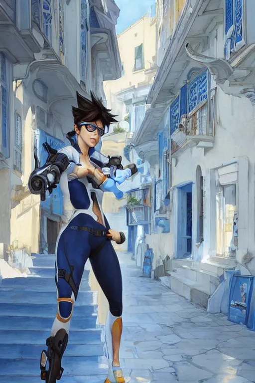 Prompt: tracer from overwatch travels in tetouan streets, blue and white houses, mosque, highly detailed, digital painting, artstation, concept art, smooth, sharp focus, illustration, art by artgerm and greg rutkowski and alphonse mucha