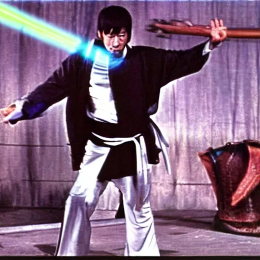 Prompt: 1 9 7 0's kung fu movie, a futuristic cyborg priest fighting a vicious gang of demons using laser nunchucks