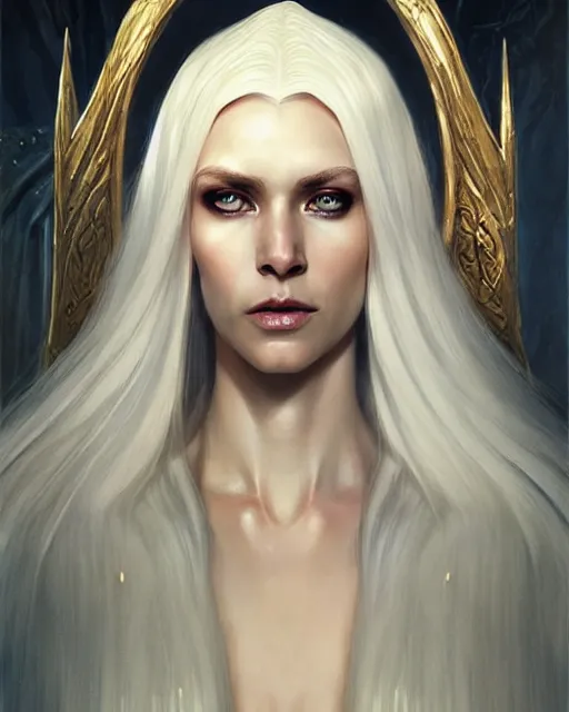 Image similar to tall slender elven queen sitting on the throne, full body, long white hair, pale skin, golden coloured eyes | | realistic shaded, fine details, fine - face, realistic shaded lighting poster by greg rutkowski, magali villeneuve, artgerm, jeremy lipkin, michael garmash, rob rey