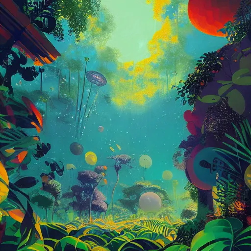 Image similar to disco diffusion painting of the jungle by victo ngai and malika favre, by rhads, makoto shinkai, madgwick, masterpiece, contest award winner