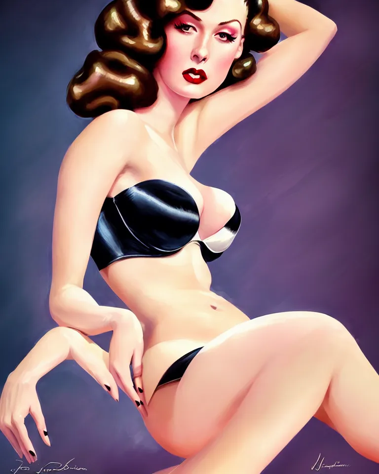 Prompt: hyperrealistic rendering of glamorous and sexy american pinup, beautiful pale makeup, pearlescent skin, seductive eyes and face, elegant woman, lacivious pose, very detailed face, seductive, sexy push up bras, photorealism, black background, deep color, disco light, official fanart behance hd artstation by Jesper Ejsing, by RHADS, Makoto Shinkai and Lois van baarle, ilya kuvshinov, rossdraws