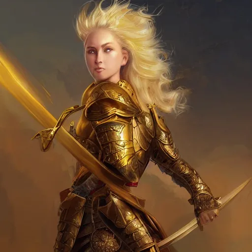 Image similar to Portrait of a young lady knight with blond hair wearing a golden armor with a sun symbol, fantasy, highly detailed, digital painting, artstation, concept art, illustration, art by Bayard Wu and Marc Simonetti