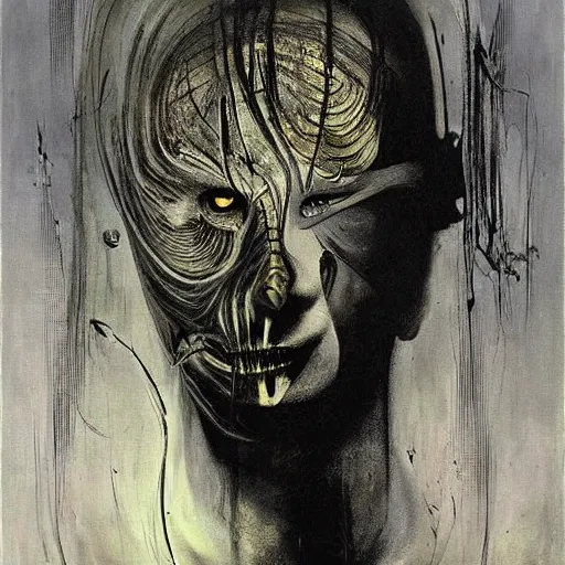 Image similar to a painting by dave mckean and by h r giger