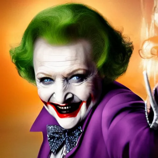 Image similar to stunning awe inspiring betty white as the joker, movie still 8 k hdr atmospheric lighting