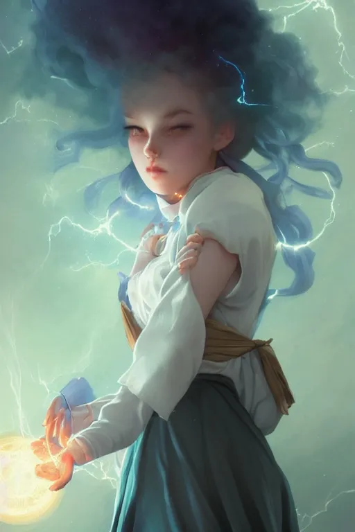 Image similar to a cute wizard girl conjuring a lightening ball, character art portrait, anime key visual, official media, illustrated by tom bagshaw, wlop, william bouguereau, extremely detailed, 8 k, trending on artstation, cinematic lighting, beautiful