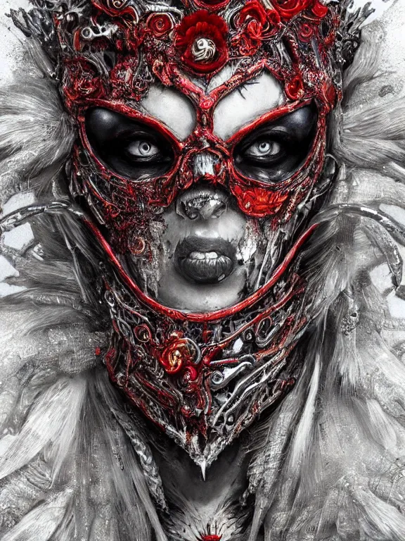 Image similar to portrait art of 8k ultra realistic undead queen,intricate red crown, detailed intricate ornate armour,decaying, cybernetic, full of colour, cinematic lighting, battered, trending on artstation, 4k, hyperrealistic, focused, extreme details,unreal engine 5, cinematic, masterpiece, art by ayami kojima, giger