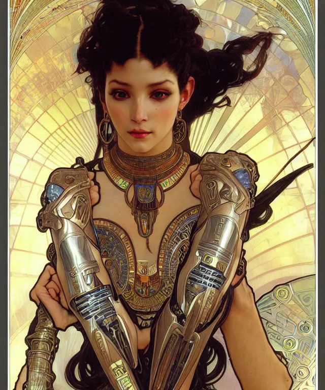 Prompt: realistic detailed face portrait of a beautiful futuristic egyptian warrior priestess bast in alien cyberpunk armor by alphonse mucha, ayami kojima, amano, greg hildebrandt, and mark brooks, female, feminine, art nouveau, cyberpunk, egyptian, stargate, neo - gothic, gothic, character concept design