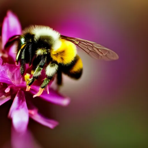 Prompt: a bumblebee with floral anatomy sits on a finger, 5 0 mm lens, f 1. 4, sharp focus, ethereal, emotionally evoking, head in focus, volumetric lighting, blur dreamy outdoor