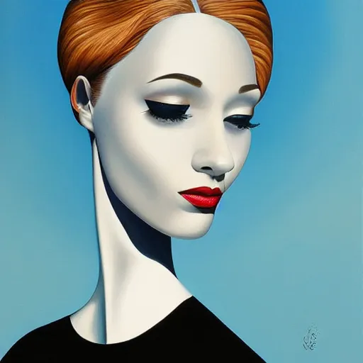 Image similar to a painting of a stylish person in the future, simple, an ultrafine detailed painting by rafal olbinski, behance contest winner, pop surrealism, detailed painting, very detailed, minimalist, skeuomorphic, airbrush art