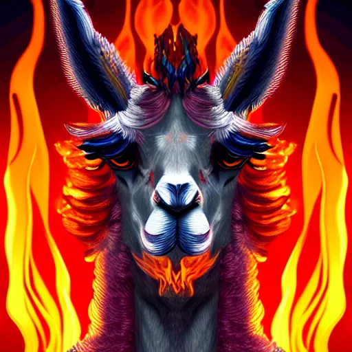 Image similar to picture of an humanoid llama wizard, made of flames and surrounded by flames, hyperrealistic, highly detailed, 1 6 k, high quality, diffuse light, intricate, digital painting, trending in artstation, smooth marble surfaces, volumetric light, cinematic