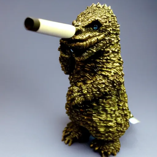 Image similar to anthropomorphic godzilla smoking a joint, 5 5 mm