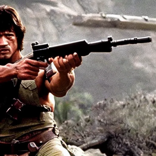 Prompt: arnold schwarzenegger as john rambo in first blood