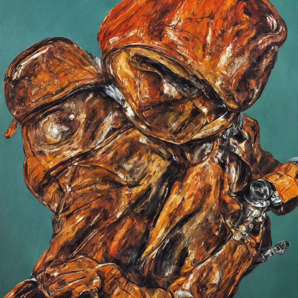 Image similar to high quality high detail painting by lucian freud, jenny savile, portrait of fire trooper, turquoise, hd