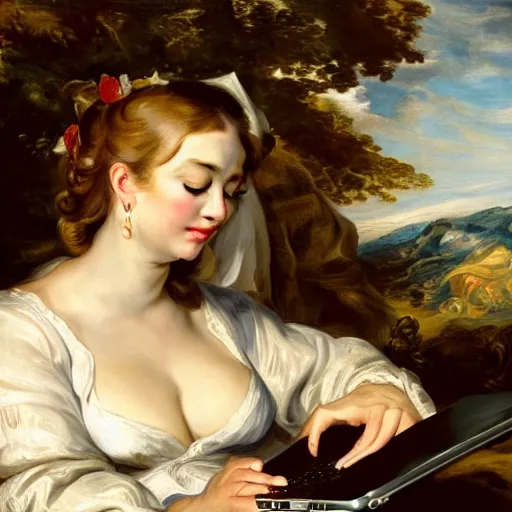 Prompt: heavenly summer sharp land sphere scallop well dressed lady working on her laptop auslese, by peter paul rubens and eugene delacroix and karol bak, hyperrealism, digital illustration, fauvist