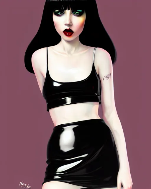 Prompt: a full body portrait of pale skin goth in shiny latex mini skirt and shiny latex tank top, long curvy black hair, red lips, pastel makeup, digital painting by ilya kuvshinov and ross tran and karol bak and stanley lau and anna dittmann and artgerm and xiaoguang sun and tian zi