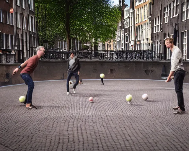 Image similar to playing petanque next to prinsengracht, intricate detail, beautiful aesthetic, cinematic still 8 k