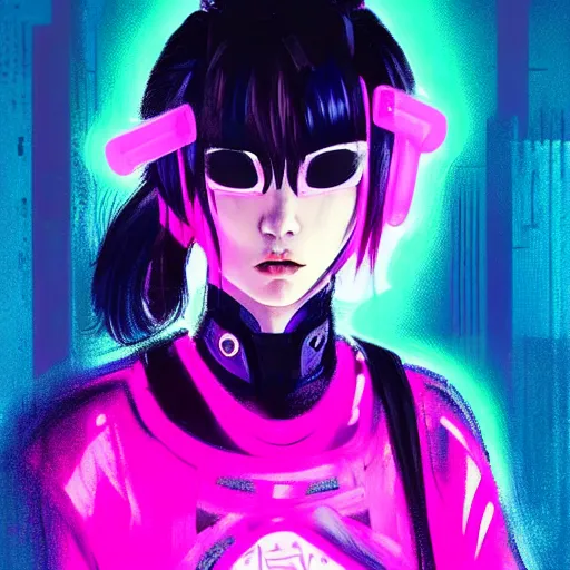 Image similar to stylized japanese girl ninja - cyberpunk, wearing urban techwear, neon lights and armor, painted in acrylic, in the colors hot pink and cyan, beautiful realistic face, spotlight, by greg rutkowski, by jeremy mann, by francoise nielly, by kunio okawara, yoshikazu yasuhiko, in focus, sharp lines