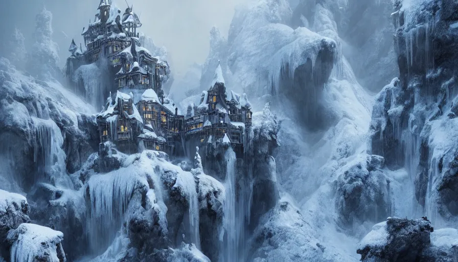 Prompt: Magic castle built inside a snowy mountain with waterfalls on each side, hyperdetailed, artstation, cgsociety, 8k