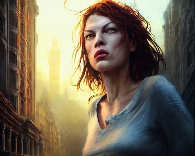 Image similar to highly detailed portrait of milla jovovich, in 2 8 days later, stephen bliss, unreal engine, fantasy art by greg rutkowski, loish, rhads, ferdinand knab, makoto shinkai and lois van baarle, ilya kuvshinov, rossdraws, tom bagshaw, global illumination, radiant light, detailed and intricate environment