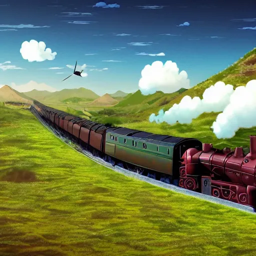 Image similar to miyazaki style, expansive landscape with mountains in the background and wind swept fields in the foreground, a steam powered train is going from left to right on tracks in the middle of the scene, ultra high quality render in 8 k ghibli film type