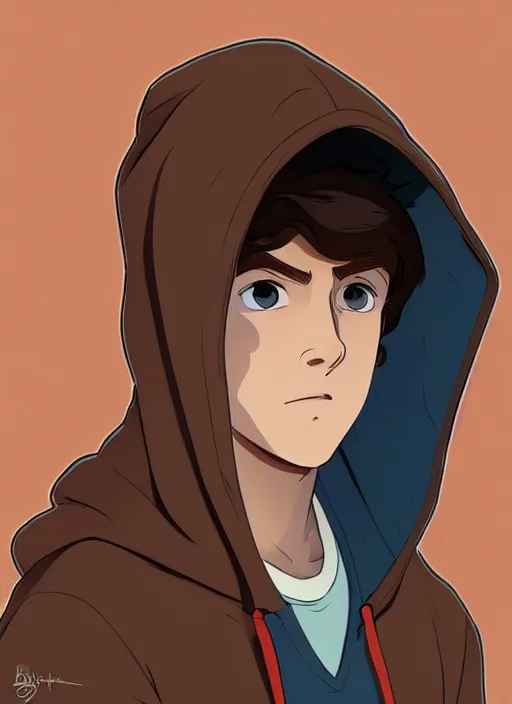 Prompt: teen boy with brown hair and big blue eyes, wearing a hoodie, sad, hiding under hood of hoodie, natural lighting, path traced, highly detailed, high quality, cartoon, digital painting, by don bluth and ross tran and studio ghibli and alphonse mucha