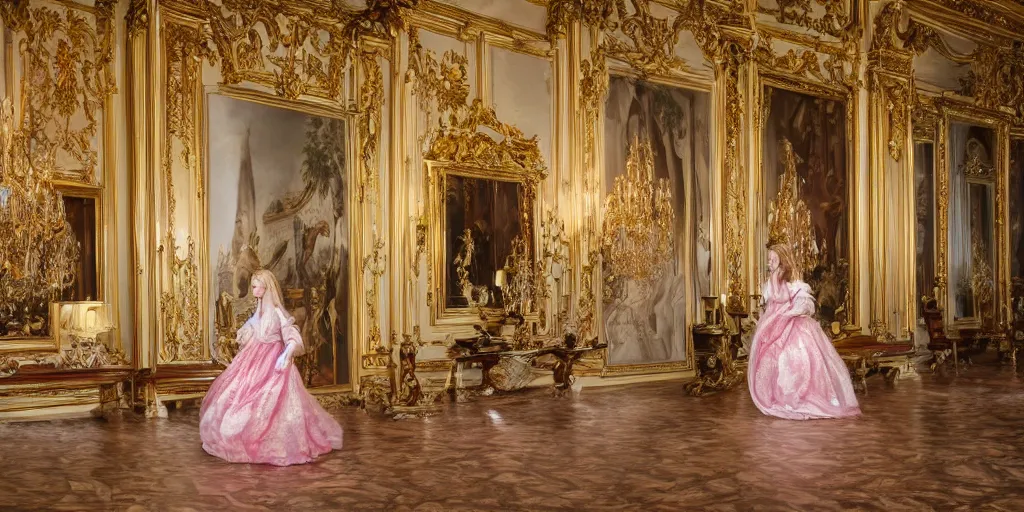 Prompt: highly detailed photo of a long flowery hair princess walking in a baroque dreamy room full of renaissance furniture, cinematic lighting, intricate, 4k resolution, elegant