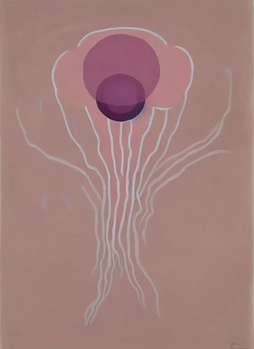 Prompt: pink jellyfish with minimalistic and aesthetic geometric shapes and patterns, muted color palette, symmetric, symbolist, abstract, spiritual art painting by Hilma At Klint