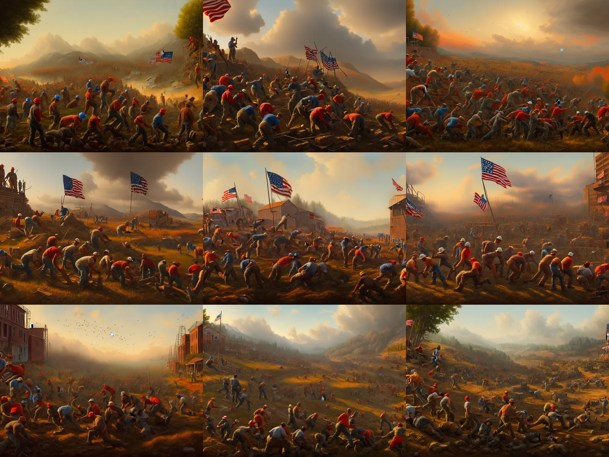 Prompt: landscape painting of the american working class taking over the means of production in 2 0 2 2, digital painting, movement, victory, loss, highly detailed, 4 k, artstation