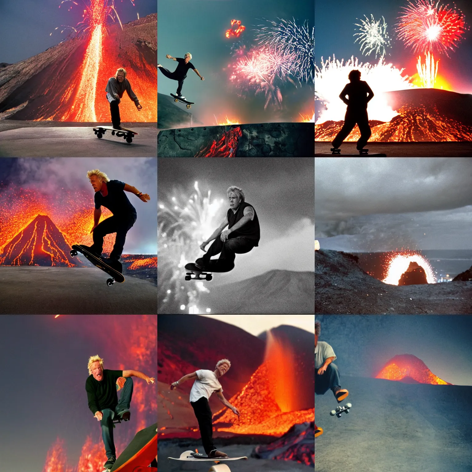 Prompt: gary busey doing a skateboard trick into a volcano full of lava, movie still, fireworks are in the background, depth of field