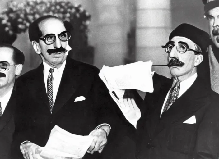 Prompt: groucho marx is sworn in as president of the usa, 1 9 4 0 s newspaper photograph