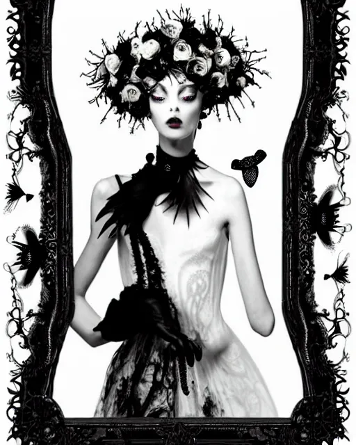 Image similar to dreamy surreal poetic black and white lithography of a beautiful young porcelain female-cyborg-vegetal with a very long neck and a super big gothic lace collar filled with dead flies and a very high big floral crown with many black dry roses by Vivienne Westwood:: smoke, high fashion, haute couture, rococo, avant-garde, elegant, dreamy, hyper realistic, 150 mm lens, soft rim light, octane render, unreal engine, volumetric lighting, dramatic light,8k,